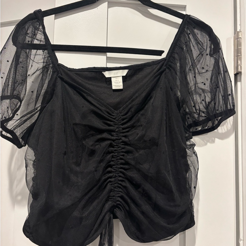 H&M Black Sheer Puff Sleeve Blouse
